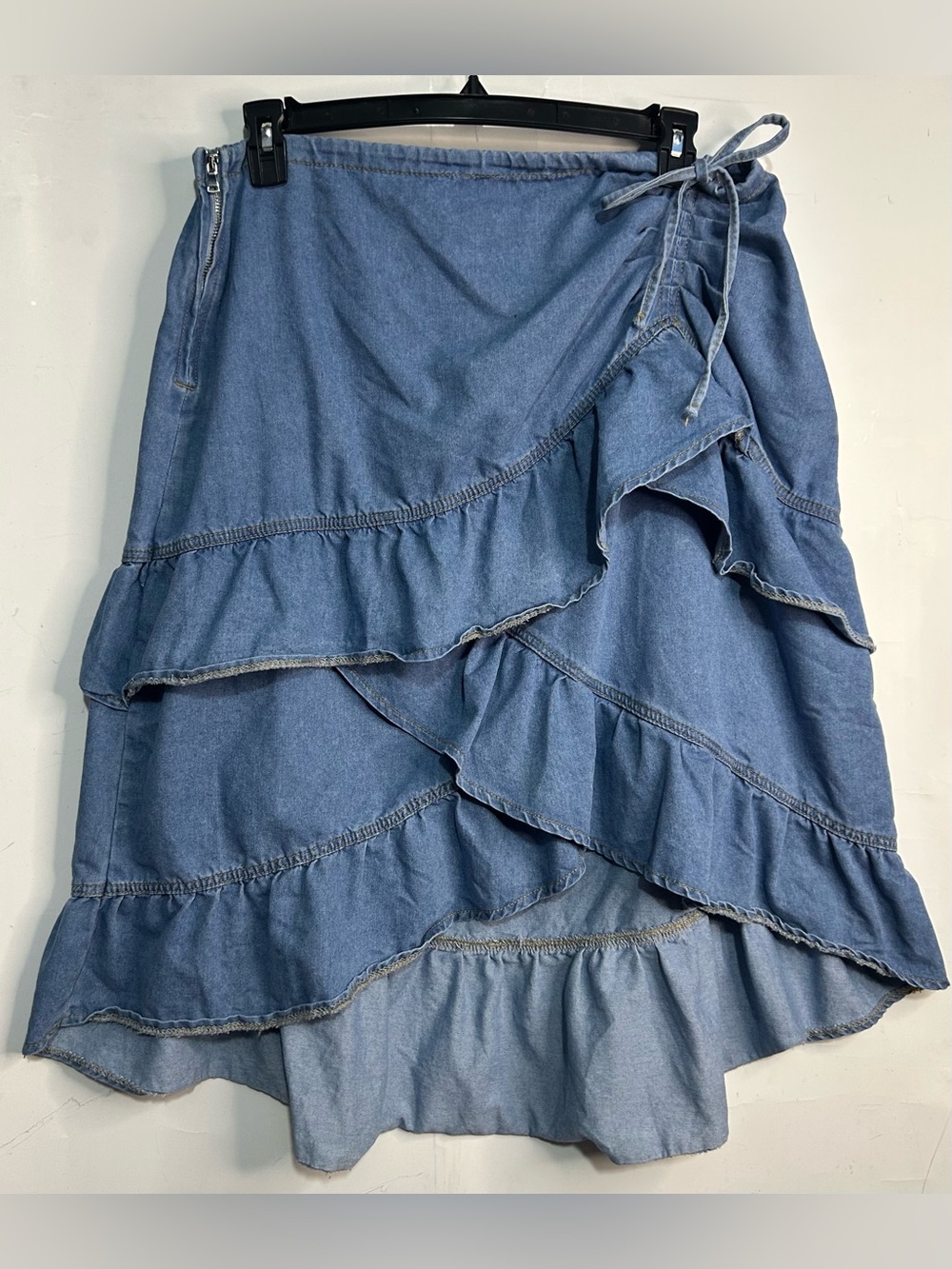 XXL Denim Ruffled Drawstring Waist High-Low Midi Skirt